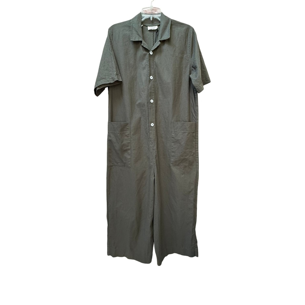 NWT Aurorei Linen Lagenlook Collared Wide Leg Romper Olive Green Size L‎